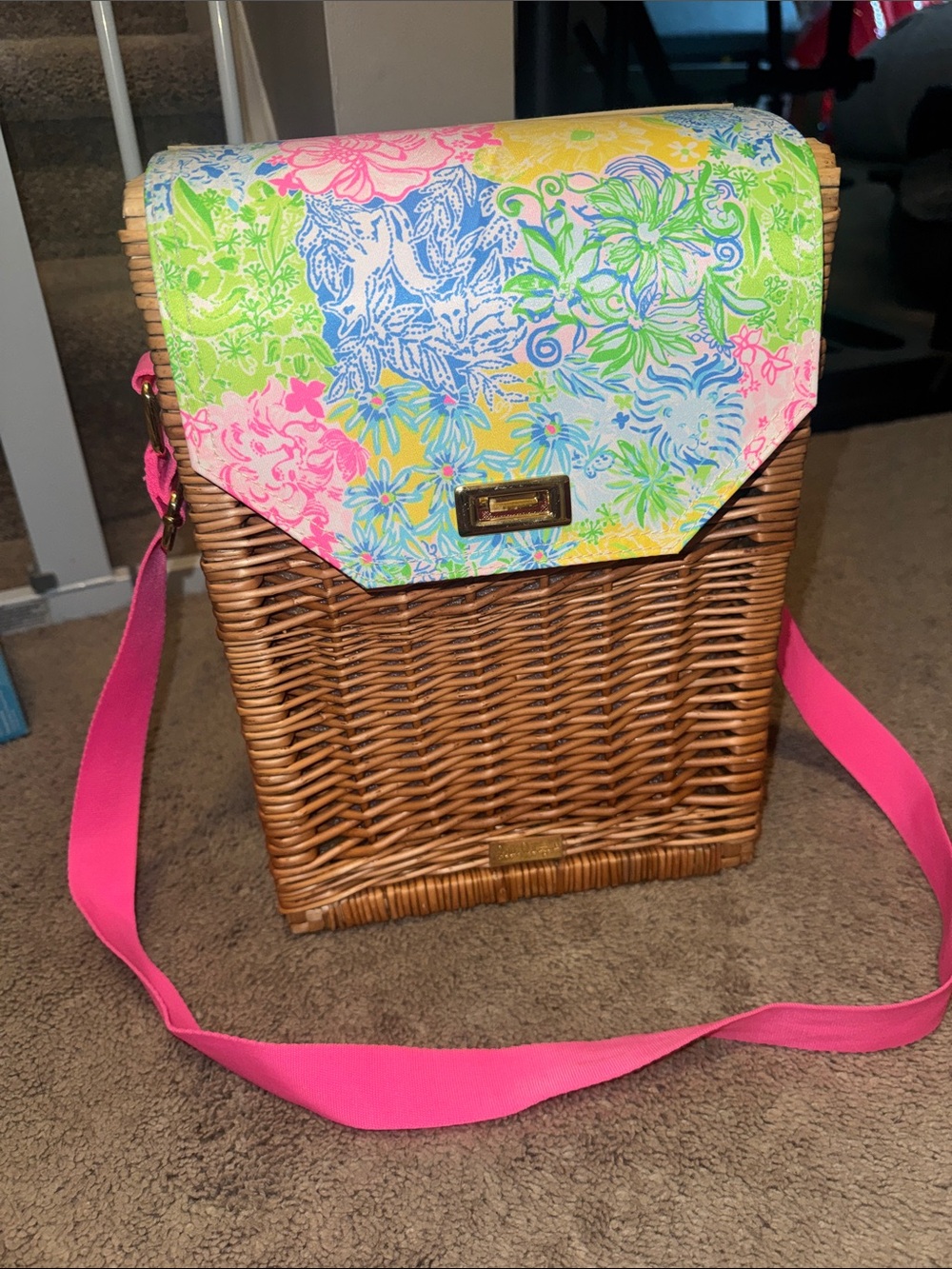 Lilly Pulitzer Woven Rattan wine bag with Floral Canvas Flap - Pink Accent